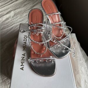 Amina Muaddi Silver Crystal-Embellished Heels